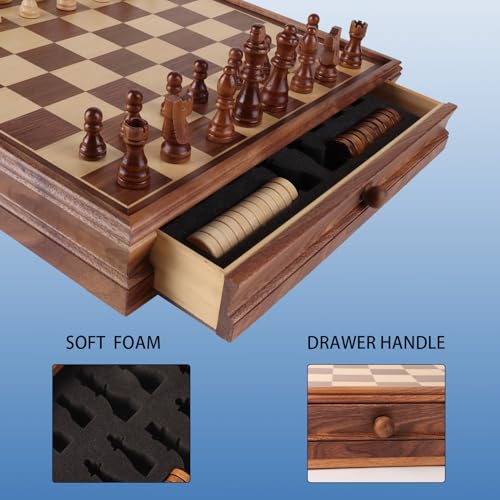 16" Wooden Folding Chess Checker Backgammon Board Game Set E16847