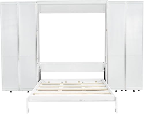 Wood White Queen Murphy Bed with Storage Shelves L259