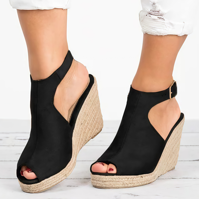 Women's Peep Toe Espadrille Wedge Sandals – Cutout Ankle Buckle Platform Heels