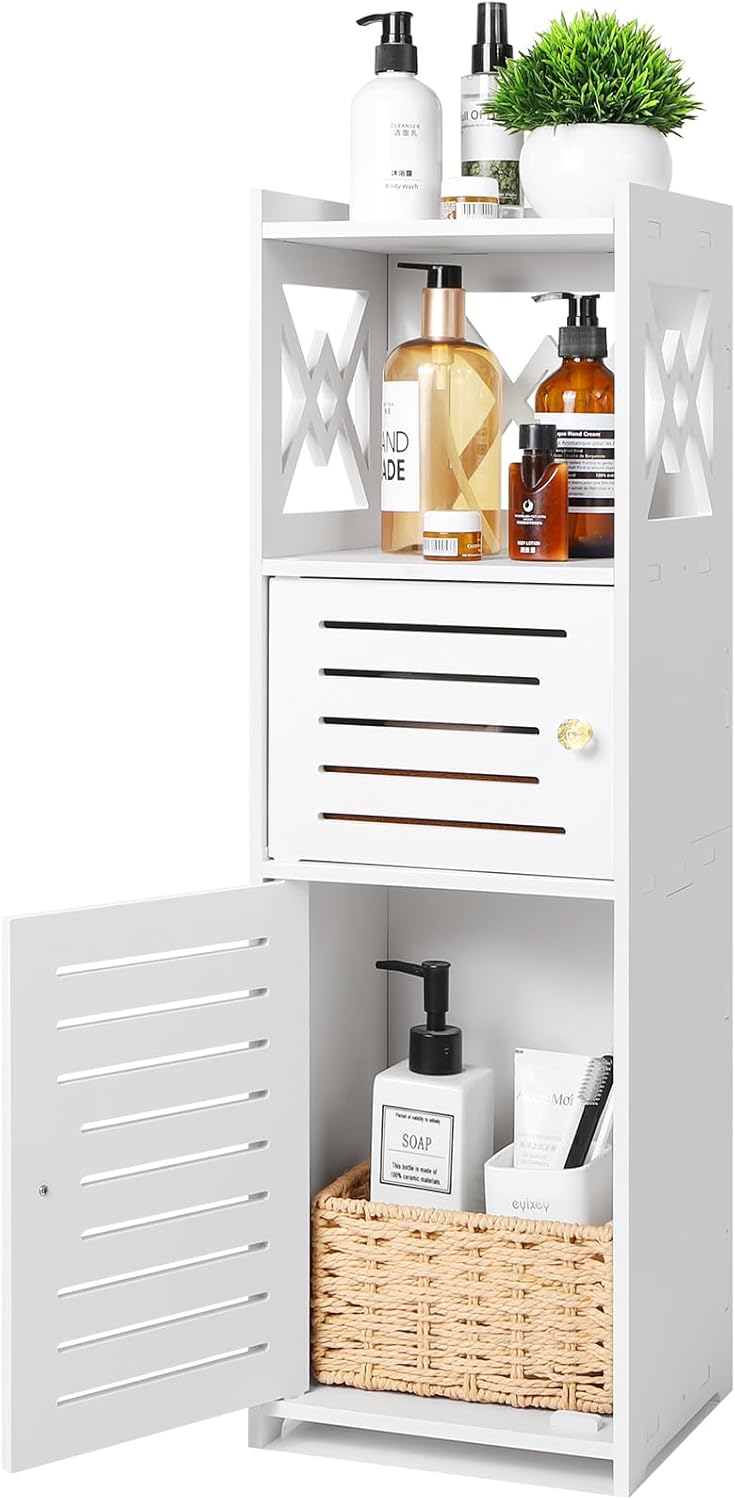 Slim Bathroom Storage Cabinet with Double Door and 3 Tier Shelf J7195
