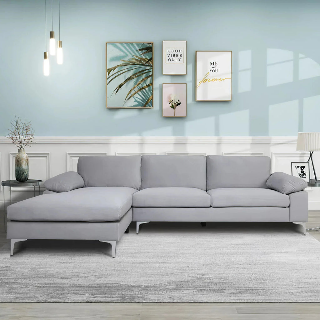 Gray Velvet L-Shape Sofa with Chaise Lounge H362316