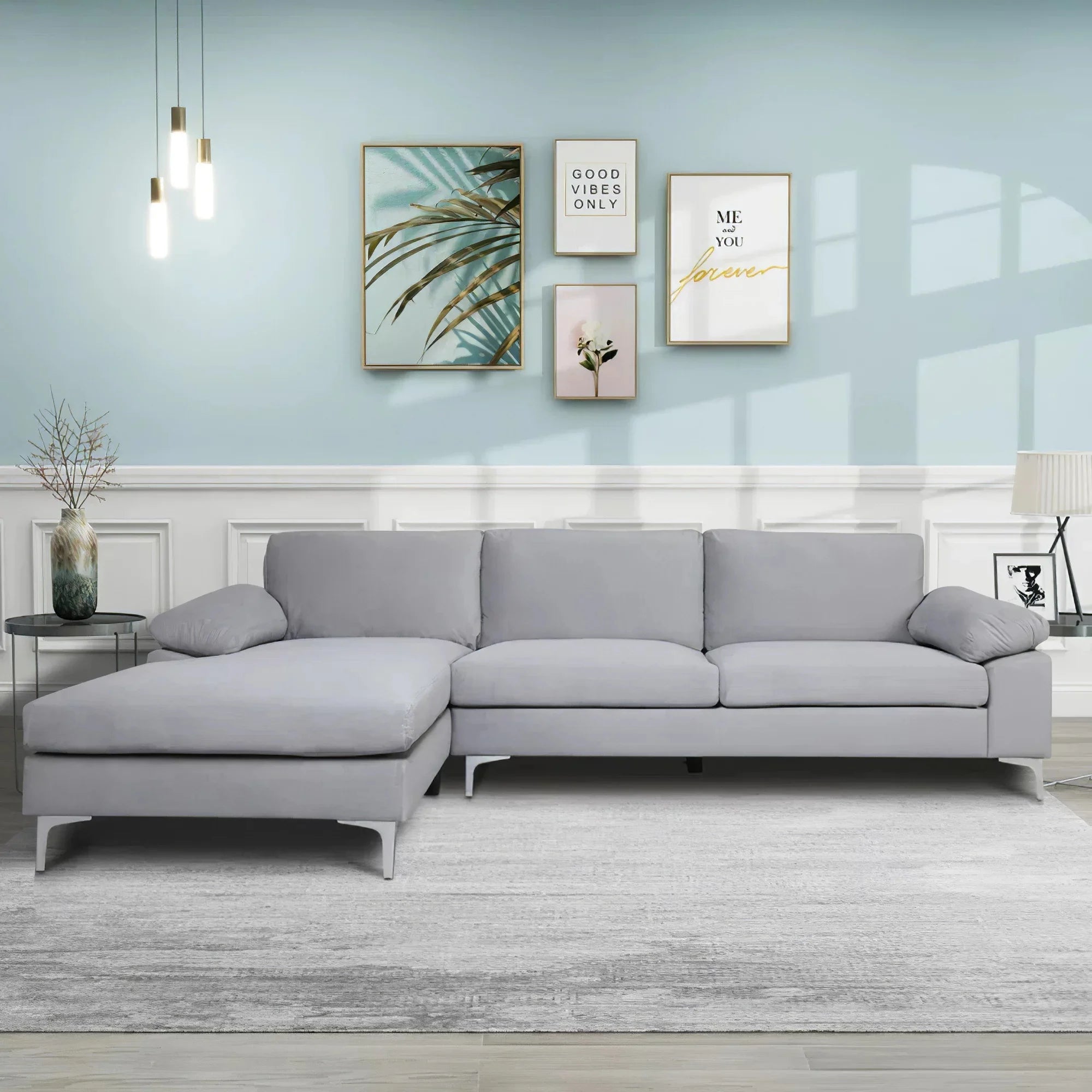 Gray Velvet L-Shape Sofa with Chaise Lounge H362316