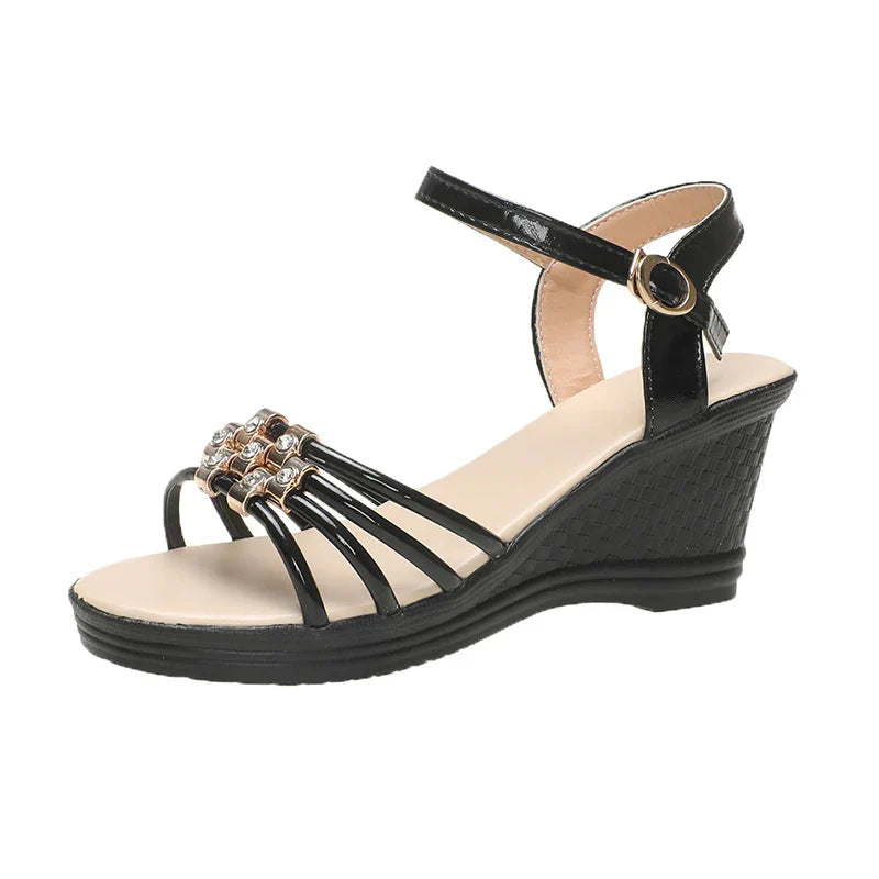 Rhinestone Wedge Sandals with Ankle Strap - Open Toe Summer Shoes