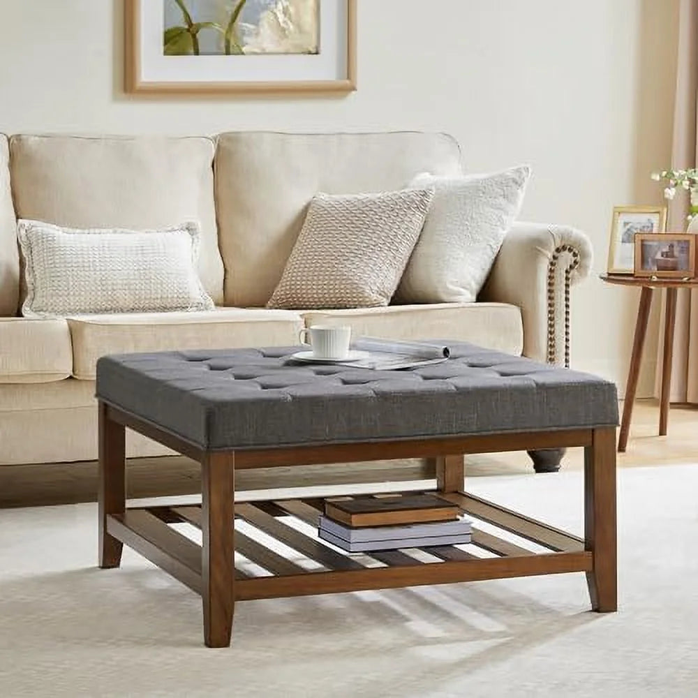 Square Ottoman Coffee Table with Button Tufted Upholstered Linen Wooden Stool Footrest Light Be B366277