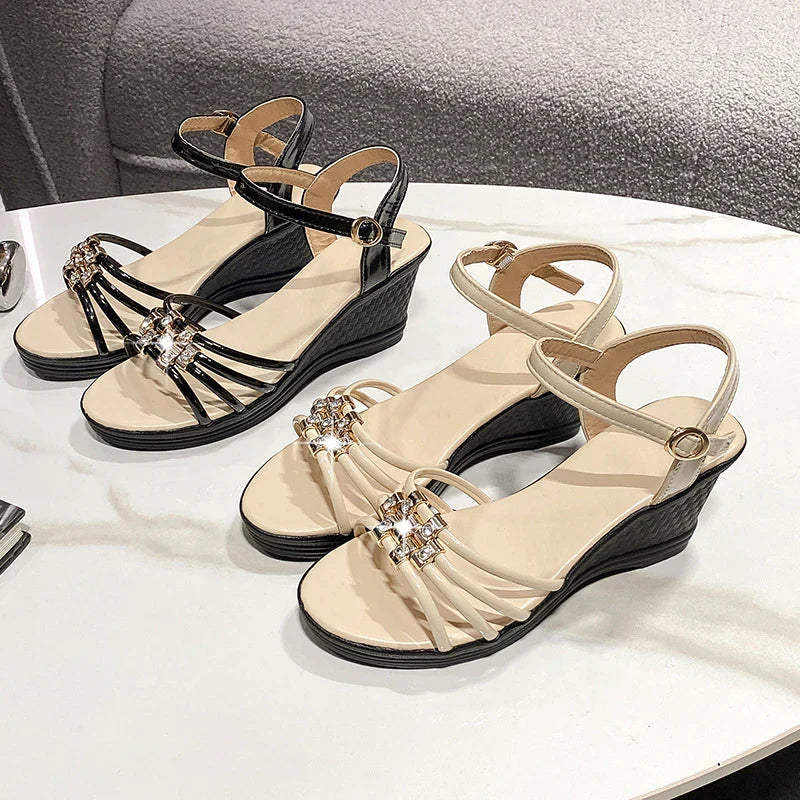 Rhinestone Wedge Sandals with Ankle Strap - Open Toe Summer Shoes