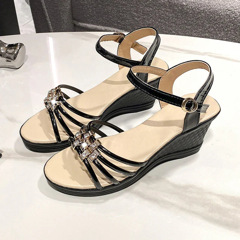 Rhinestone Wedge Sandals with Ankle Strap - Open Toe Summer Shoes