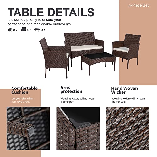Black 4 Piece Wicker Patio Furniture Set with Tempered Glass Coffee Table Y700710