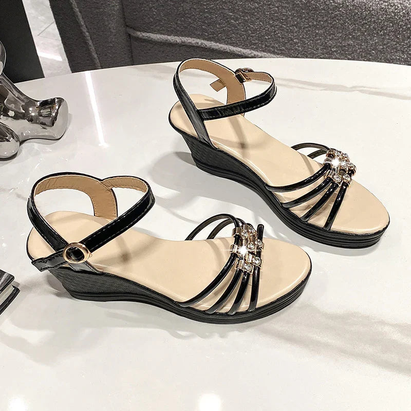 Rhinestone Wedge Sandals with Ankle Strap - Open Toe Summer Shoes
