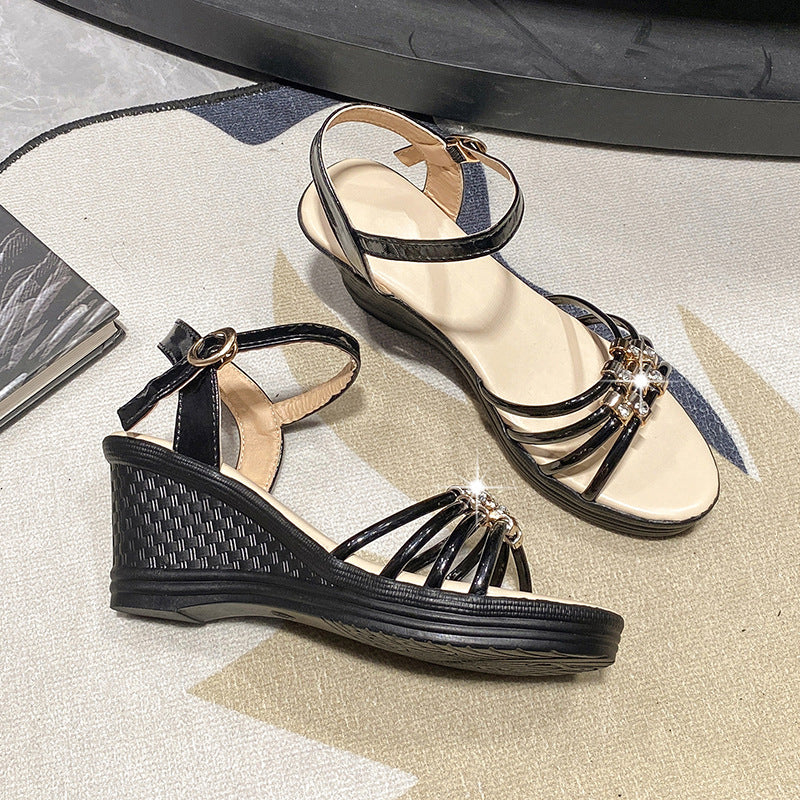 Rhinestone Wedge Sandals with Ankle Strap - Open Toe Summer Shoes