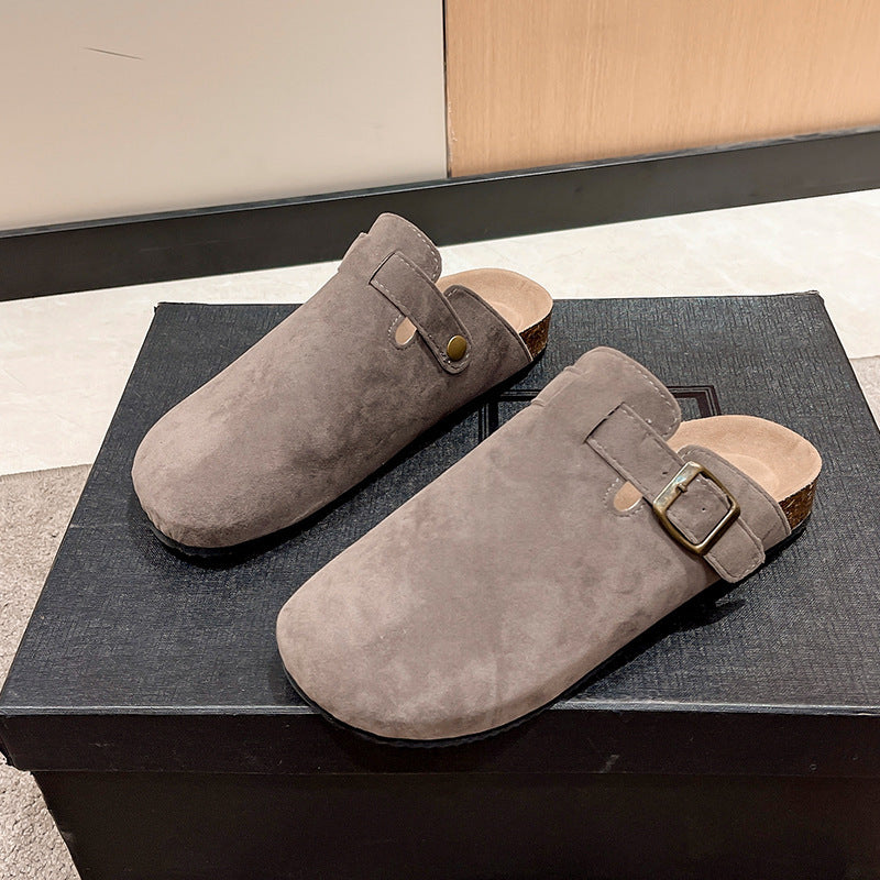 Women's Birkenstock Style Suede Buckle Clogs with Cork Footbed