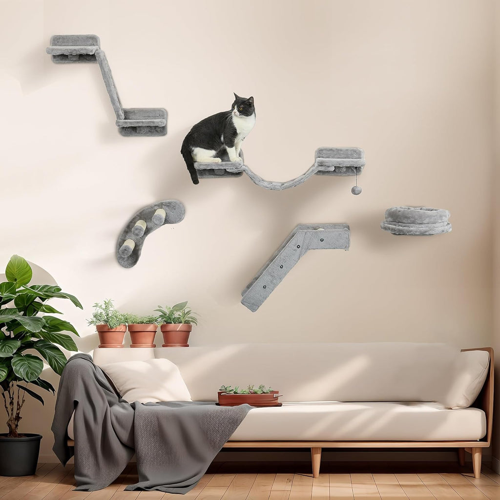 Gray 5PCs Cat Wall Shelves with Soft Plush Sisal U317688