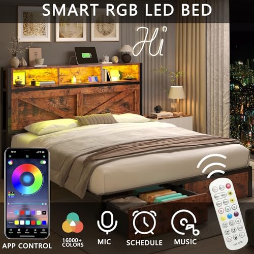 Full Size Bed Frame with Storage Bookcase Headboard and Drawers, RGB LED Lights, Vintage Brown I68269