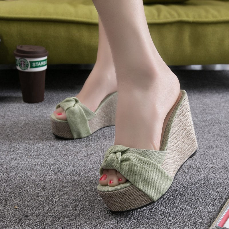Women's Woven Knot Platform Wedge Sandals – Peep Toe Slip-On Mules