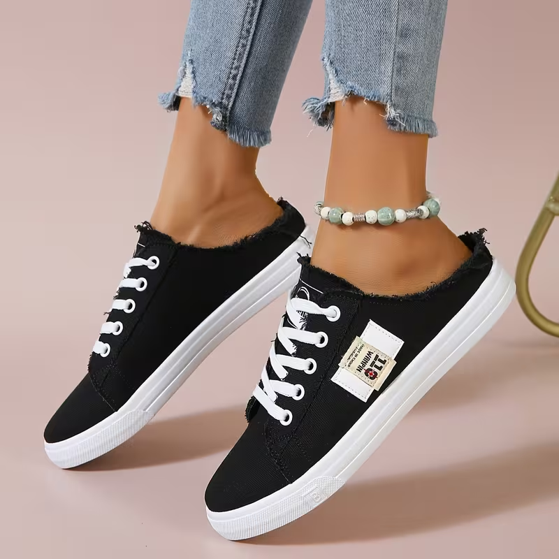 Women's Casual Canvas Slip-On Sneakers – Distressed Frayed Edge Mule Shoes