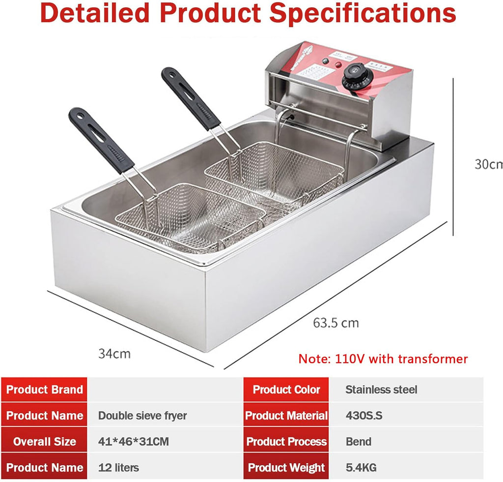 3000W Electric Double Deep Fat Fryer, 12L, 2 Oil Baskets, Adjustable Temperature L813