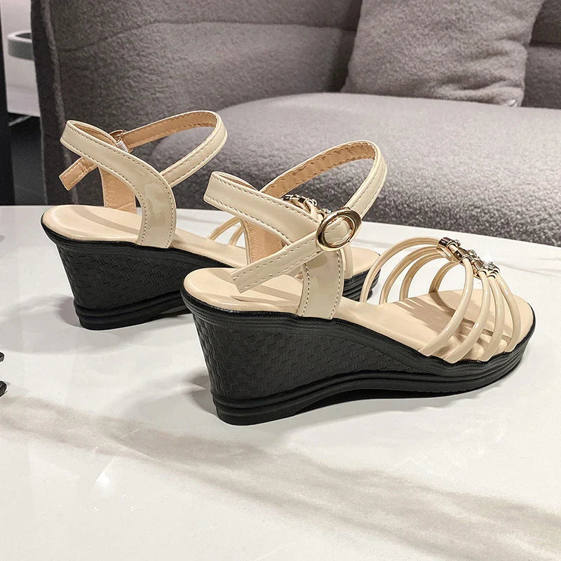 Rhinestone Wedge Sandals with Ankle Strap - Open Toe Summer Shoes