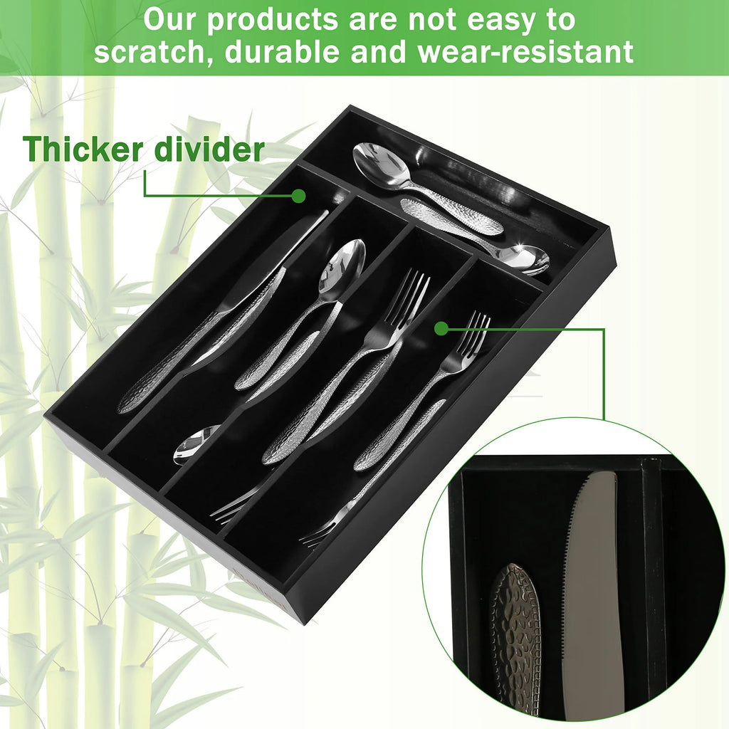 Bamboo Wood 5-Section Utensil Tray 10x14 Inches Black V476