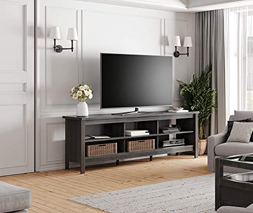 Brown 70 inch Wood TV Stand with 6 Storage Cubby Q92972