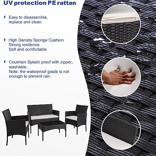 Black 4 Piece Wicker Patio Furniture Set with Tempered Glass Coffee Table Y700710