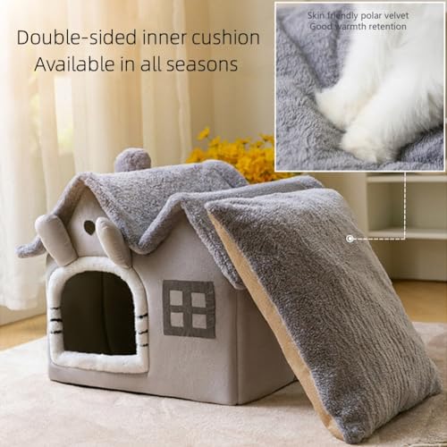 Grey Double Roof Indoor Dog House Cat Kennel with Removable Cushion R7938