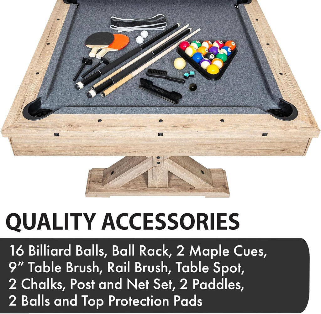 Rustic Oak 3 in 1 Multi Game Pool Table with Dining Top and Dual Storage Bench Seating C13443