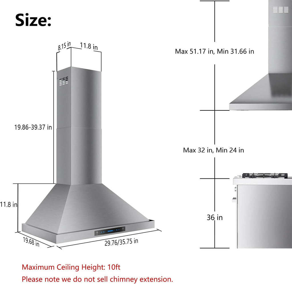 30-inch Wall Mount Range Hood 900 CFM Ducted/Ductless Convertible Stainless Steel K893