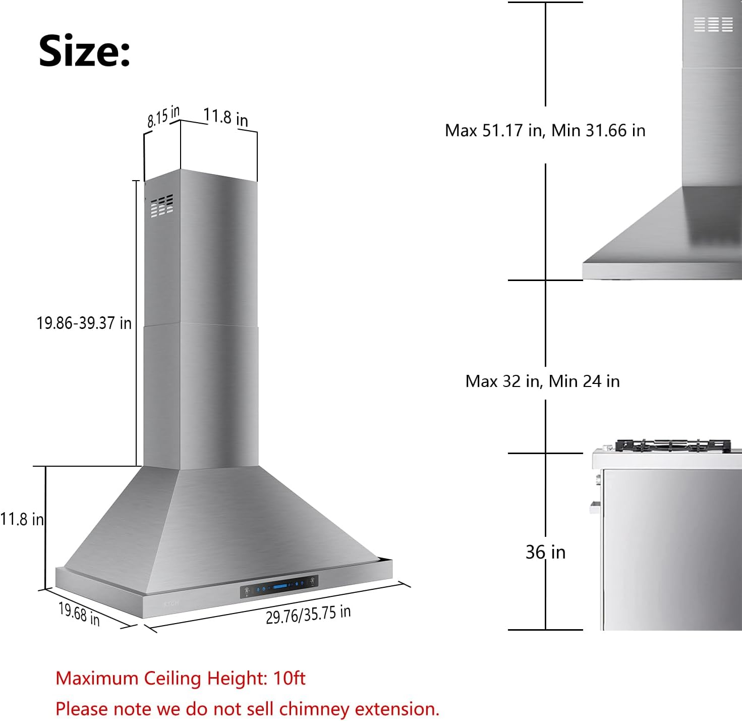 30-inch Wall Mount Range Hood 900 CFM Ducted/Ductless Convertible Stainless Steel K893
