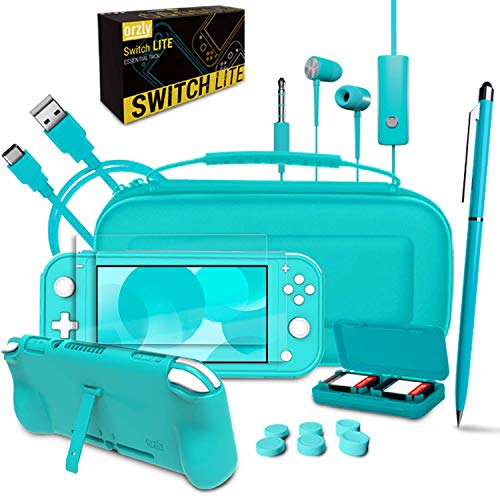 Switch Lite Accessories Bundle - Case & Screen Protector, USB Cable, Games Holder, Grip Case, Headphones, Thumb-Grip Pack (Turquoise Blue) F367