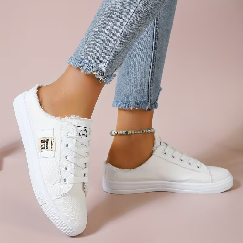 Women's Casual Canvas Slip-On Sneakers – Distressed Frayed Edge Mule Shoes