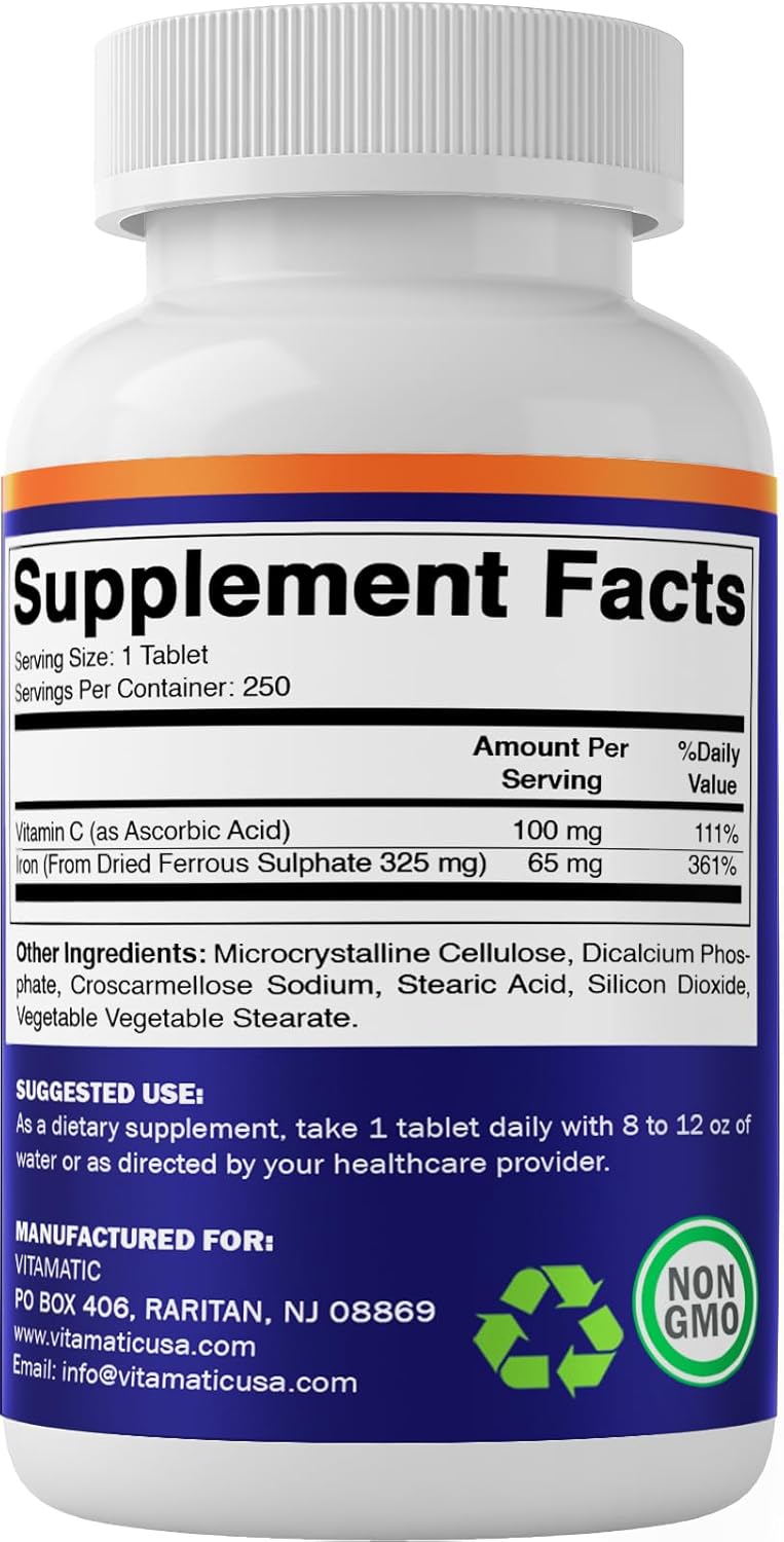 Ferrous Sulphate 325 mg + Vitamin C 100 mg 65 mg Elemental Iron Iron Supplement 250 Coated Tablets W951695