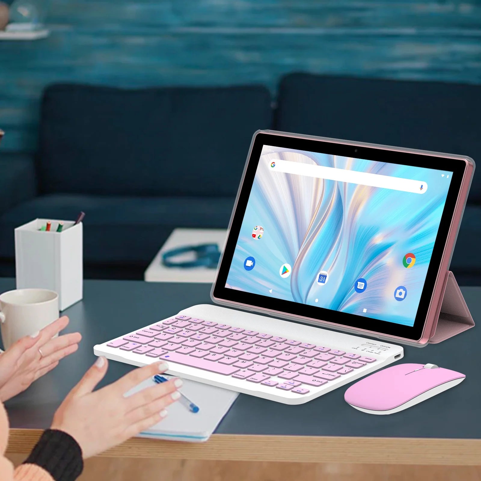 Pink 10.1 inch Tablet with Keyboard Case Mouse Stylus Pen Film, 4GB RAM 64GB ROM B80378
