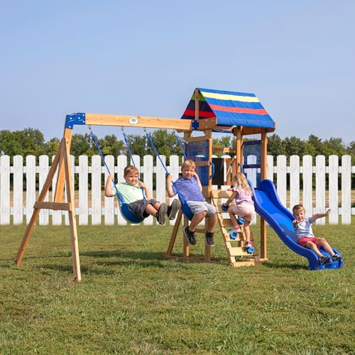 Green Wooden Swing Set with Two Belt Swings and 6 ft Slide W3909