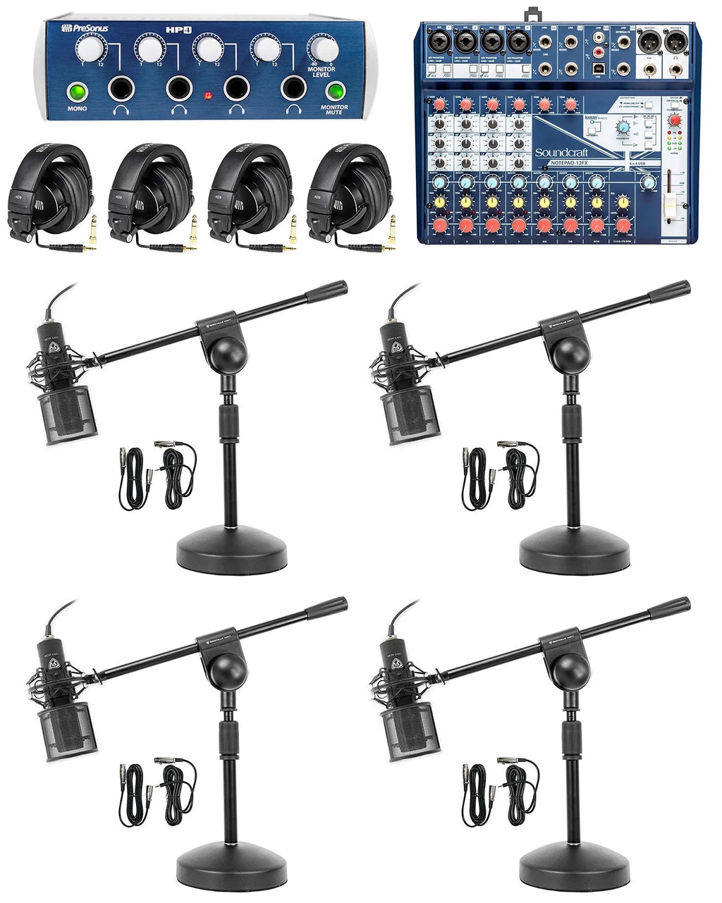 4-Person Podcasting with Mixer Headphones Amp Stands U481