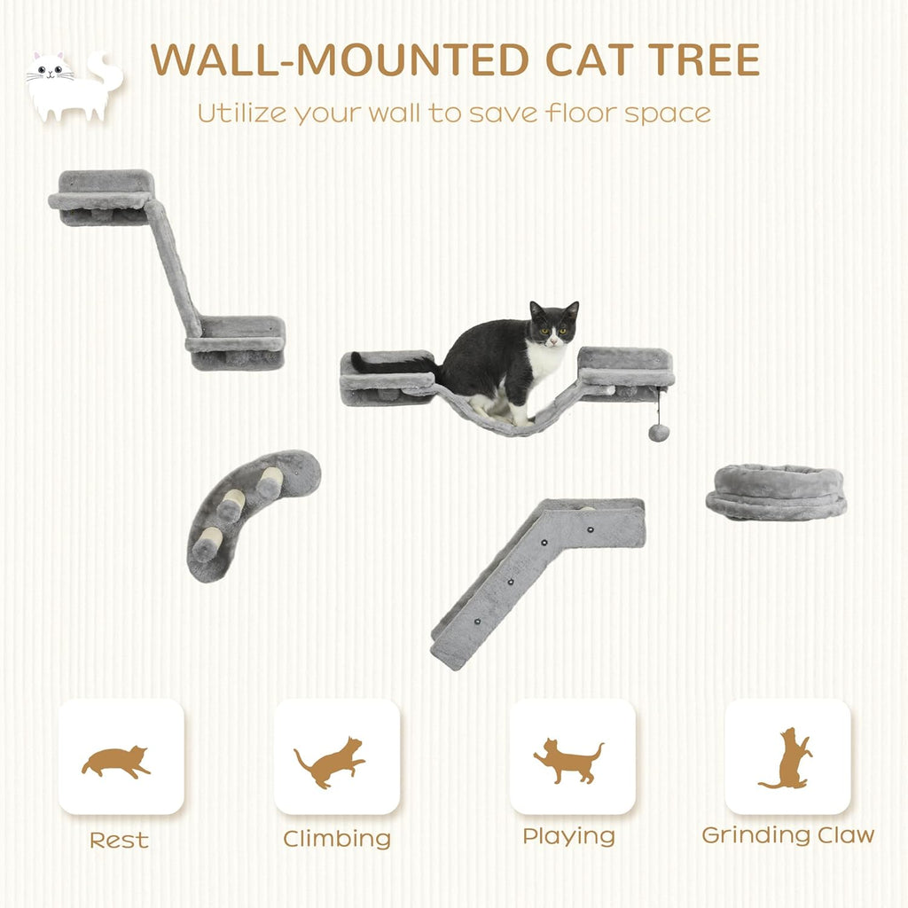 Gray 5PCs Cat Wall Shelves with Soft Plush Sisal U317688