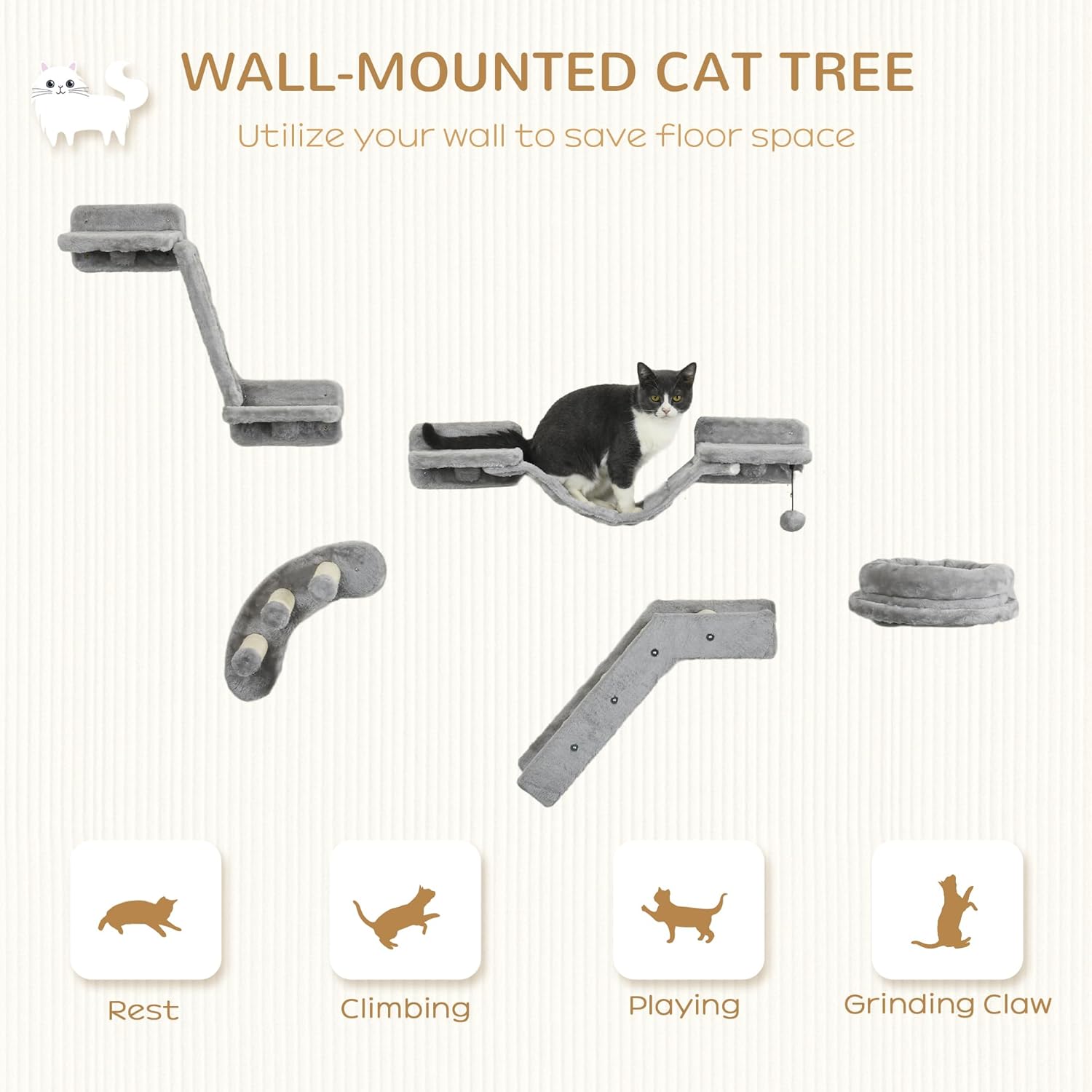 Gray 5PCs Cat Wall Shelves with Soft Plush Sisal U317688