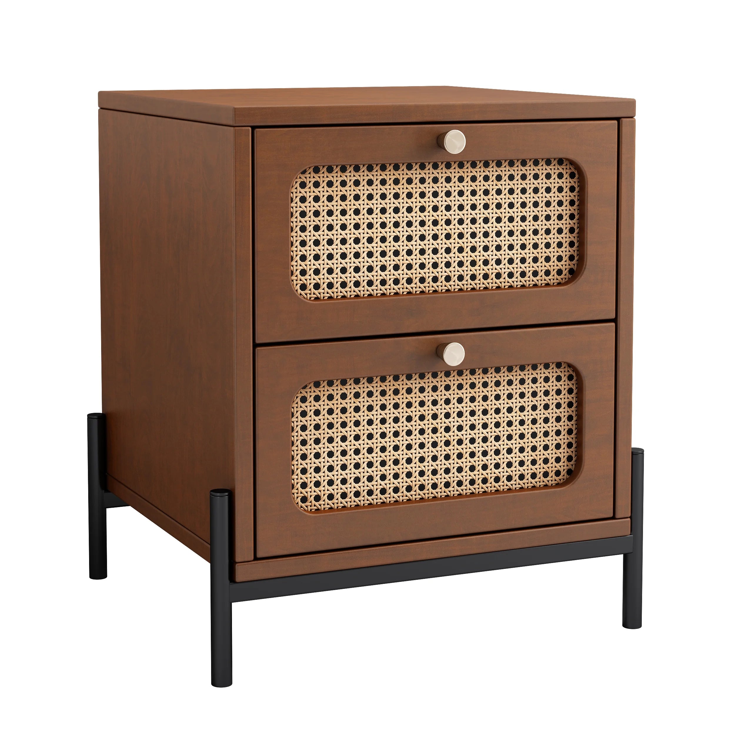 Walnut Rattan Wood 2-Drawer Side Table C290