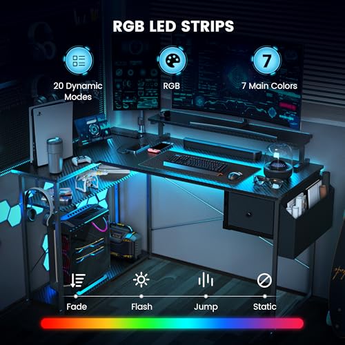 47 Inch L Shaped Gaming Desk with RGB Lights C627