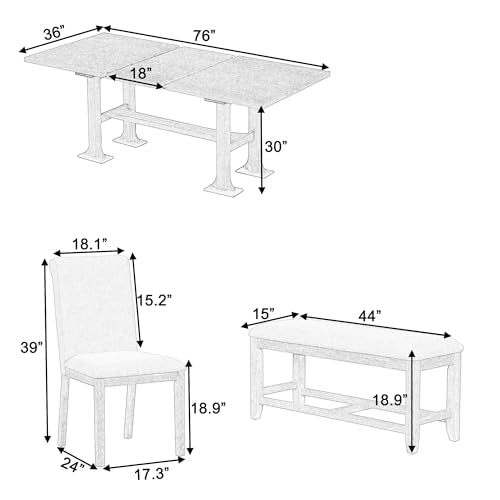 6-Piece Extendable Dining Table Set with Removable Leaf and Upholstered Chair and Bench U6280