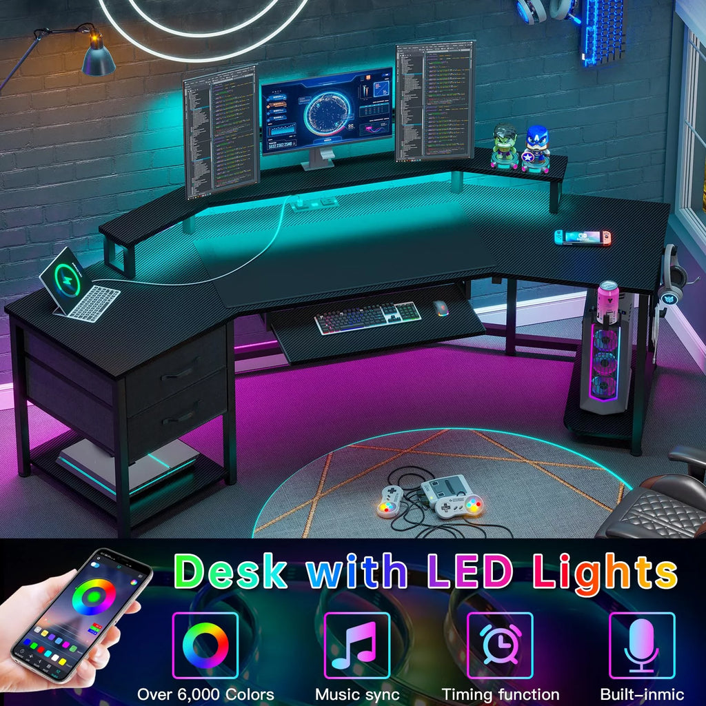 Black L Shaped Gaming Desk with LED Lights, Power Strip, 2 Fabric Drawers, Storage Shelf, Keyboard Tray D138428