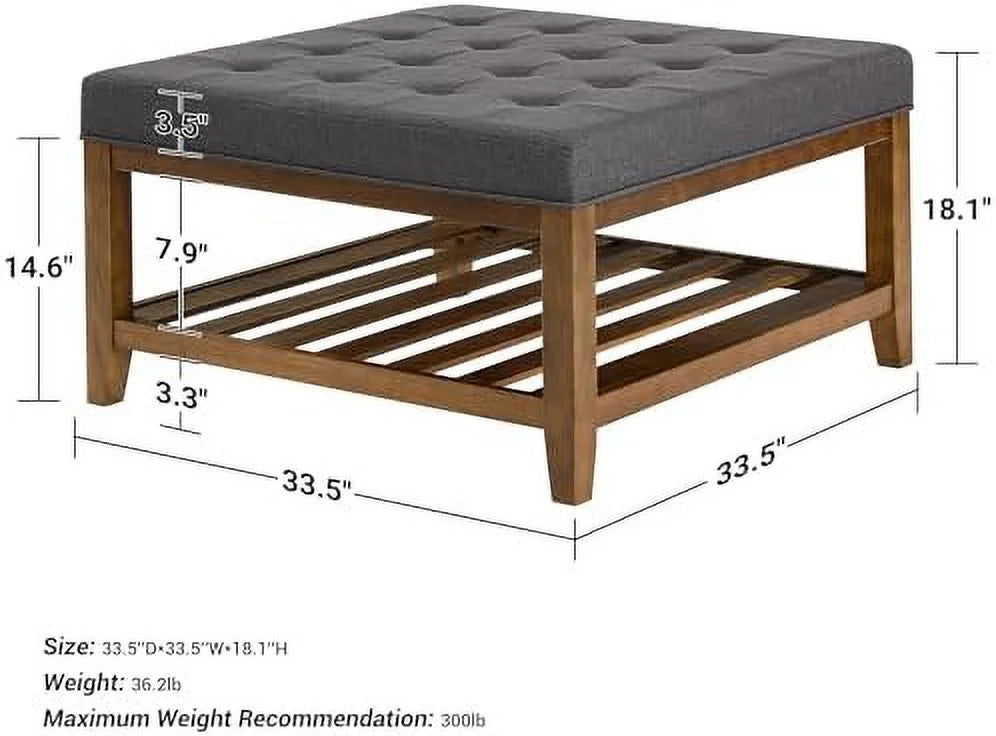 Square Ottoman Coffee Table with Button Tufted Upholstered Linen Wooden Stool Footrest Light Be B366277