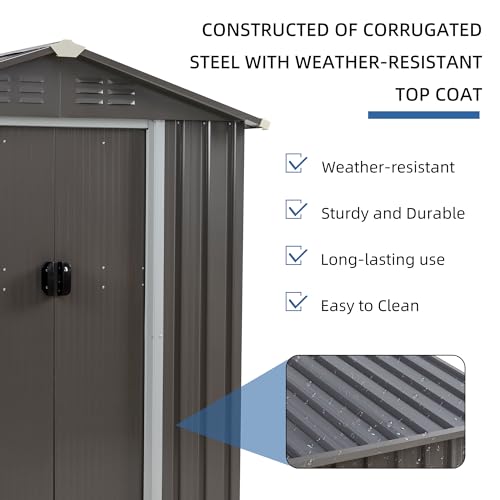 5x3 FT Waterproof Metal Garden Shed with Window and Lockable Double Door Dark Gray T787