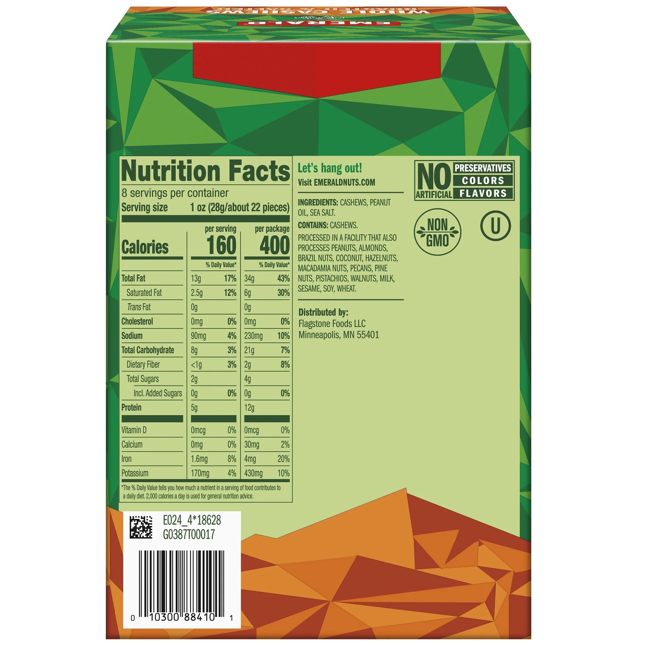 Whole Cashews Roasted & Salted 8 CT Box 20 oz Pack of 6 W496
