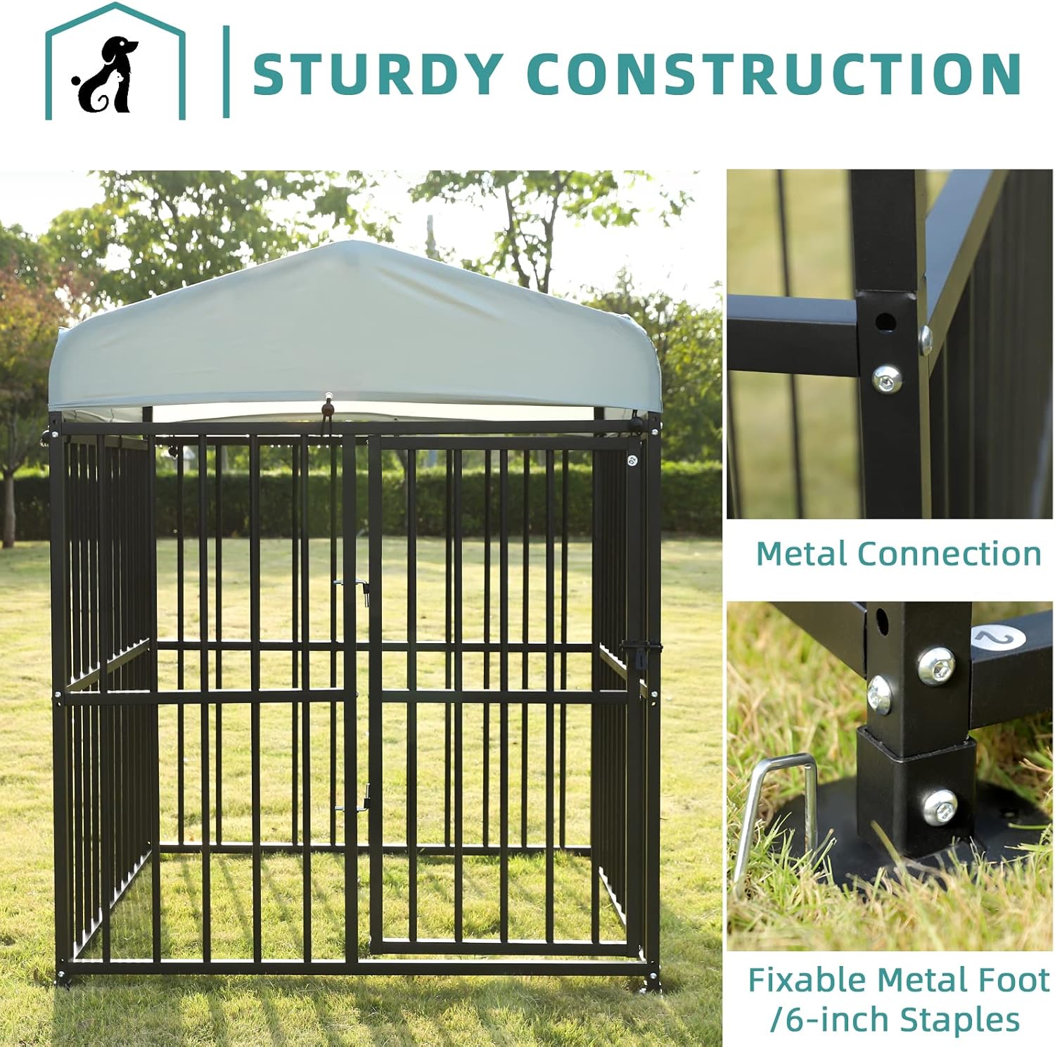 Large Outdoor Metal Dog Kennel with Top Cover, 4'L x 4'W x 5'H H577422