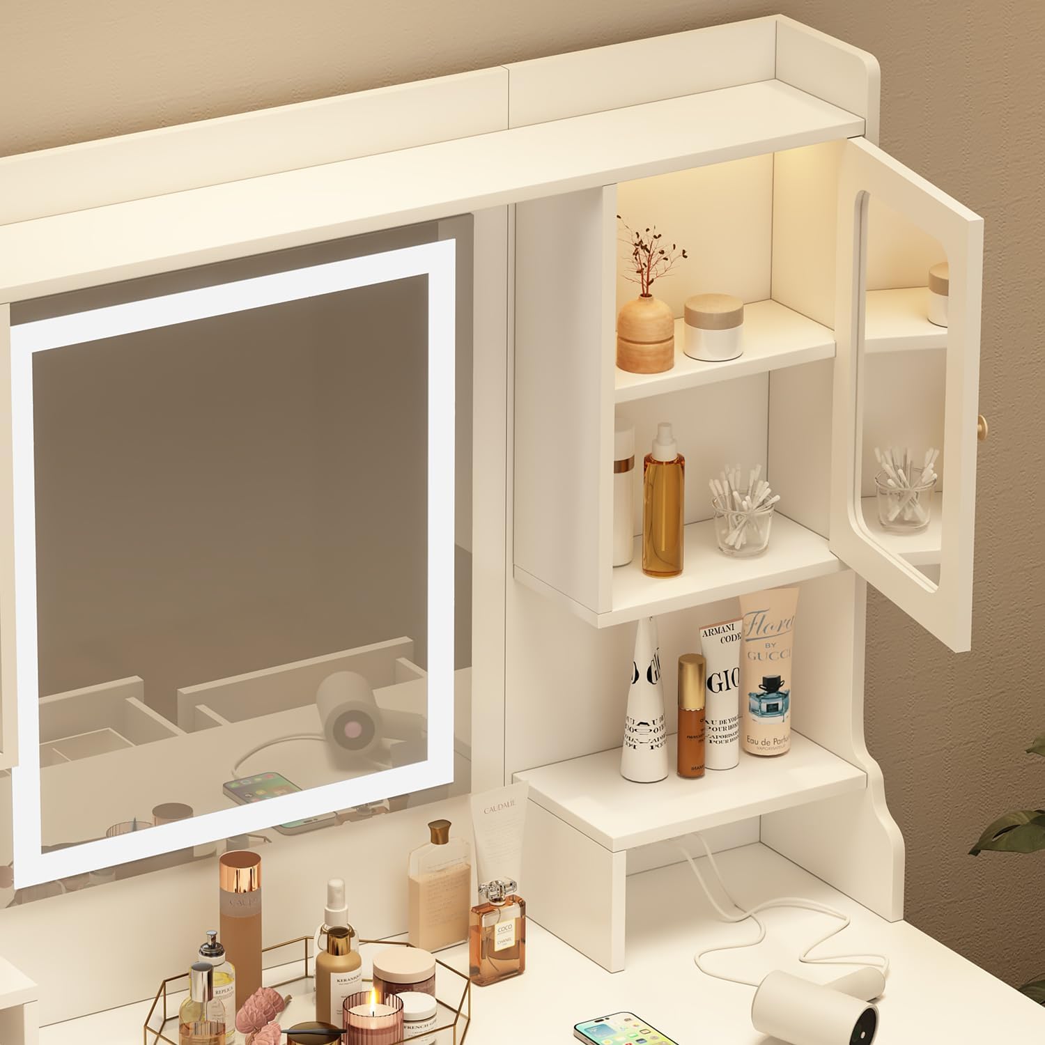 White Vanity Desk with LED Lighted Mirror and 11 Drawers Z815935