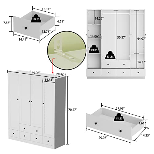 White 5 Drawer Wardrobe Armoire with Shelves and Hanging Rod P93132