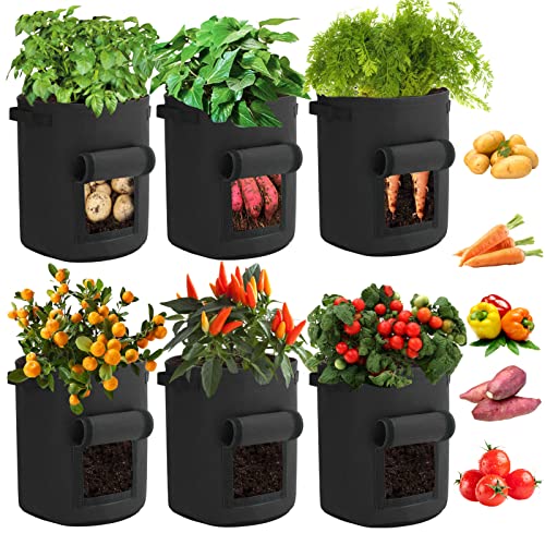 10 Gallon 6 Pack Nonwoven Fabric Grow Bags with Handles and Harvest Window U3384