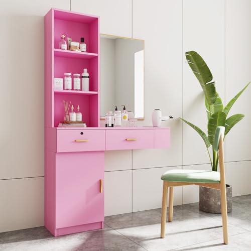 Pink Wood Computer Desk with Drawers Shelves Dresser Desk F986084