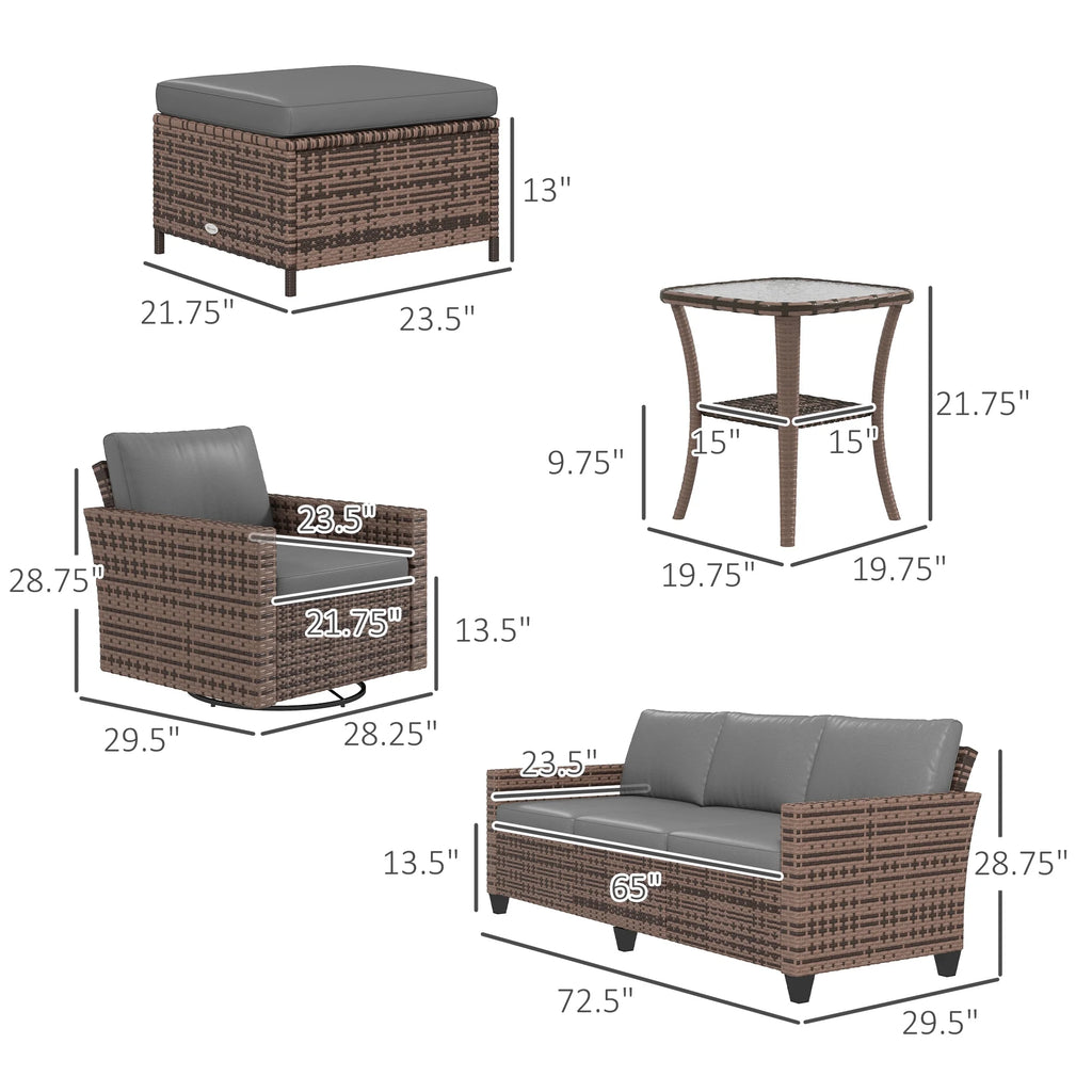 6pc Patio Furniture Set with Couch, Swivel Rocking Chairs, Brown A38731