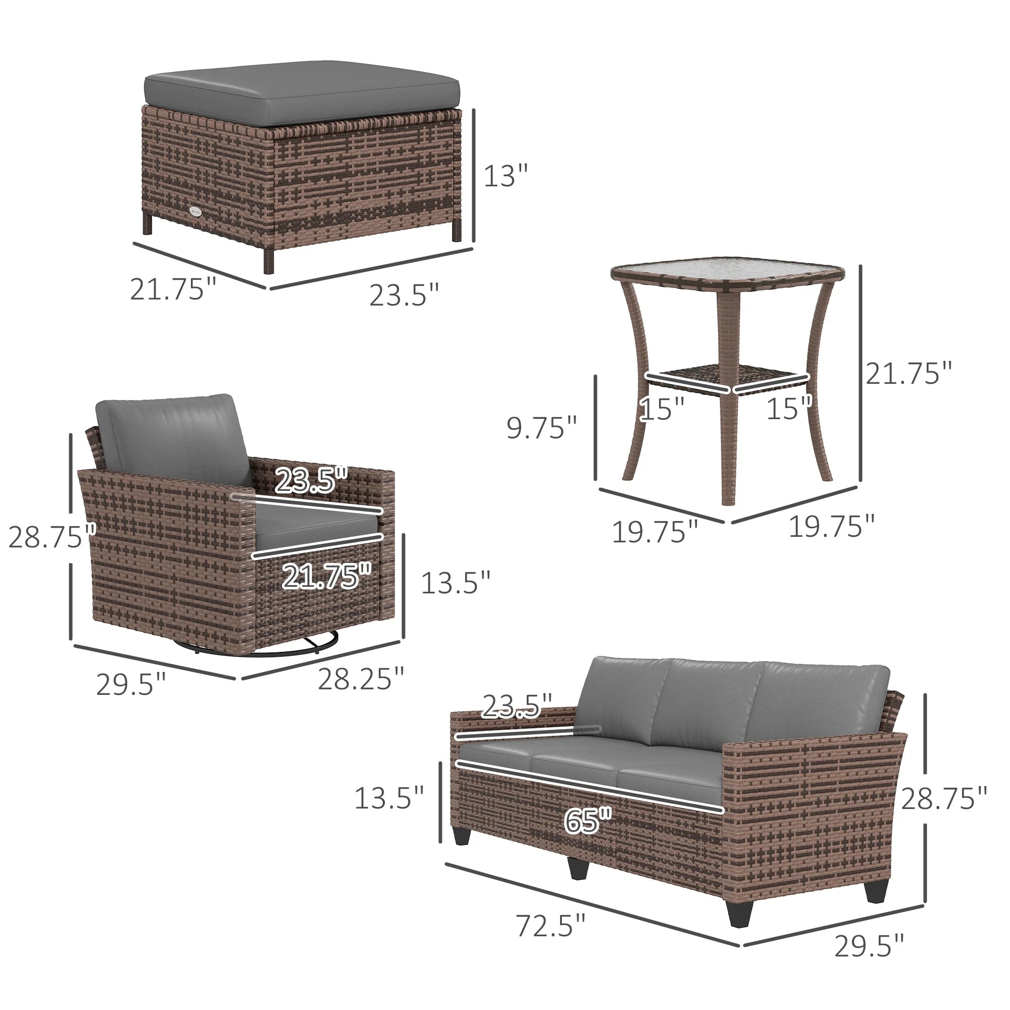 6pc Patio Furniture Set with Couch, Swivel Rocking Chairs, Brown A38731