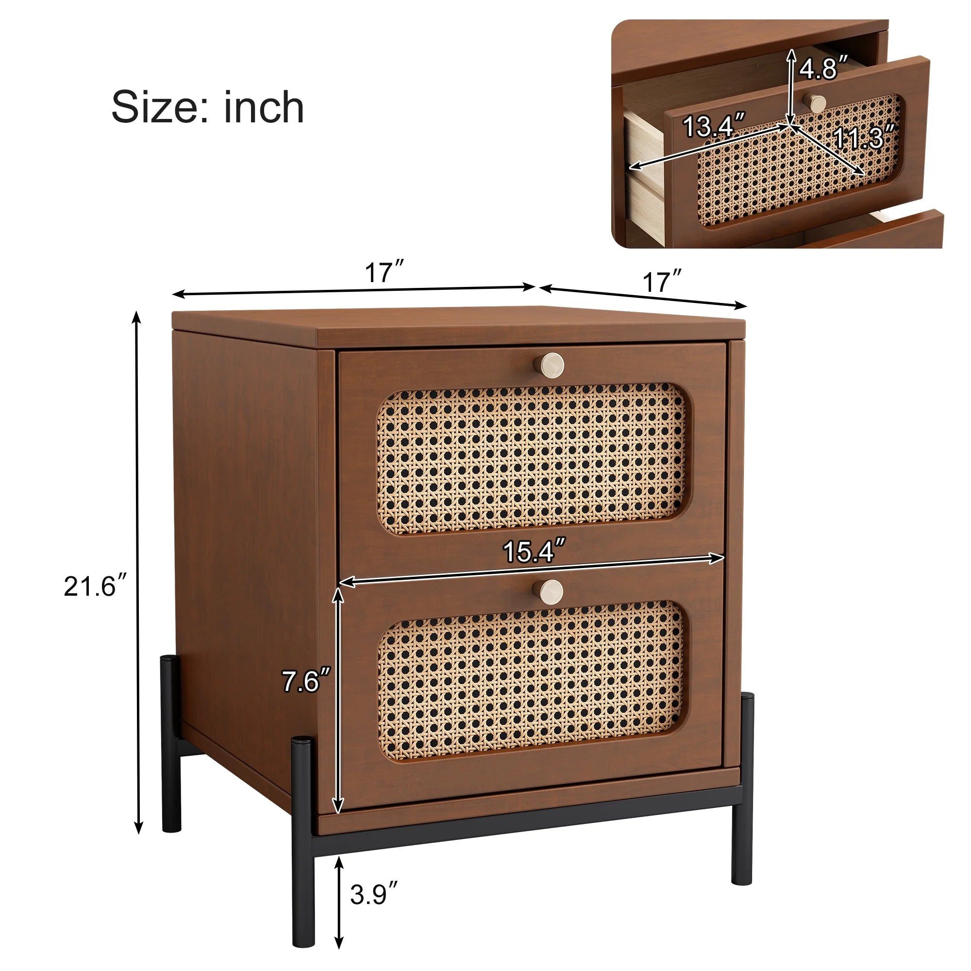 Walnut Rattan Wood 2-Drawer Side Table C290